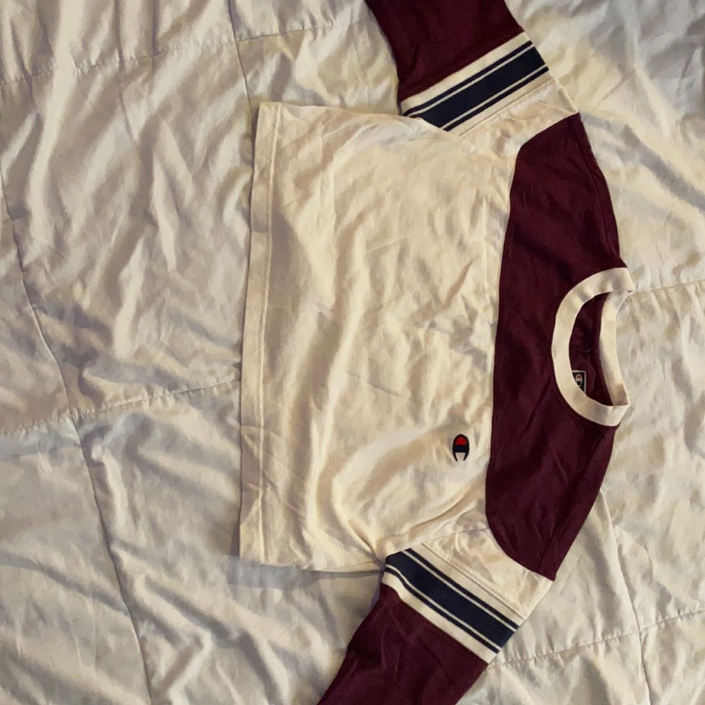 Cropped blue and burgundy Champion sweater